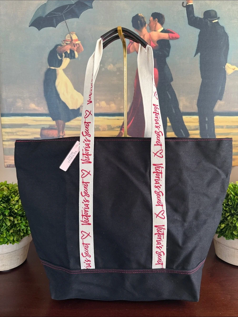 Victoria's Secret 🖤❤️ BLACK WITH RED LOGO STRAPS CANVAS ❤️🖤 TOTE BAG 🌟NWT🌟